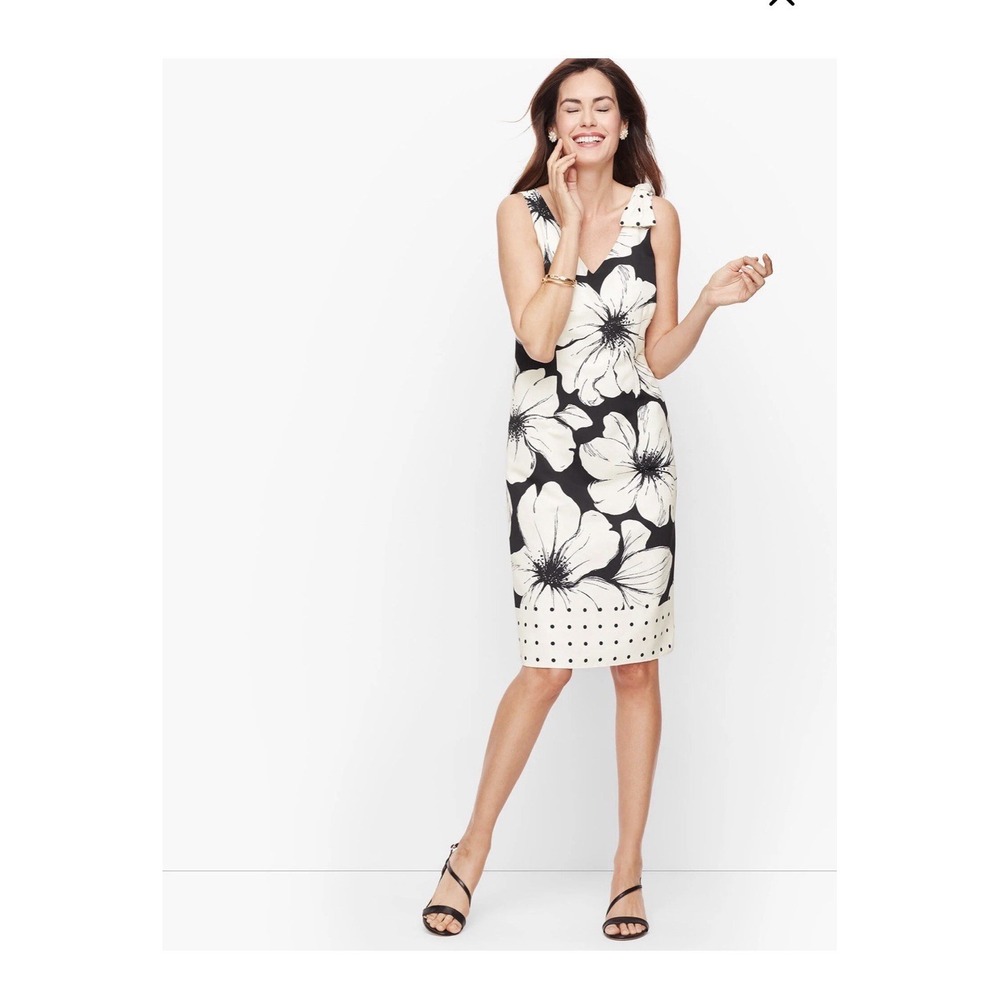 TALBOTS Black and White Floral Shift Sleeveless Shift Dress w/Bow Womens Size 12